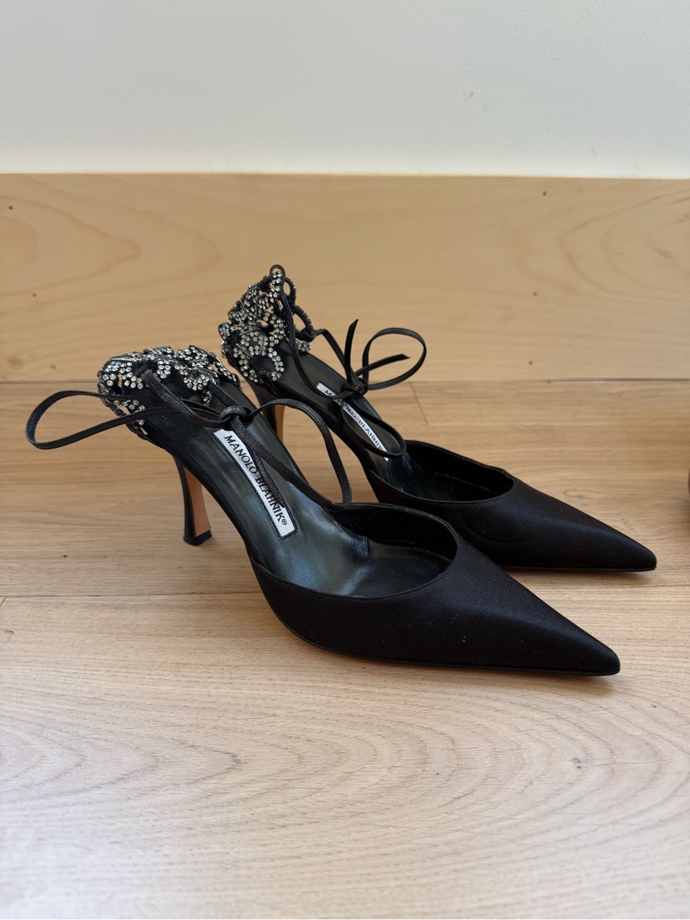 Manolo Blahnik Black Crystal-Ankle Pointed-Toe Heels